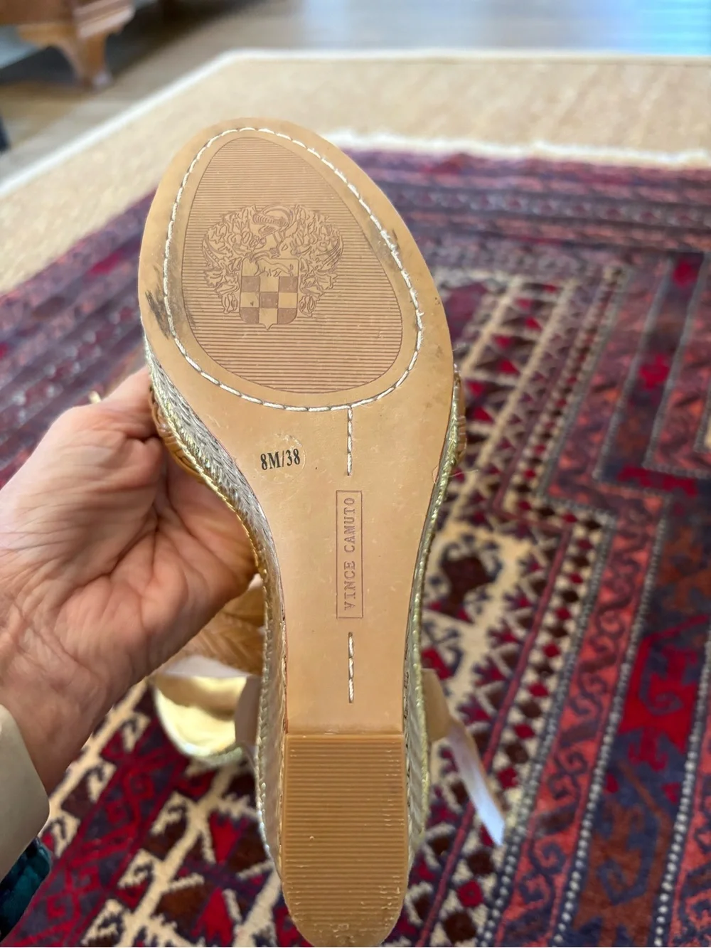 Vince Camuto Braided Tan Leather Wedge Sandals with Gold Platform